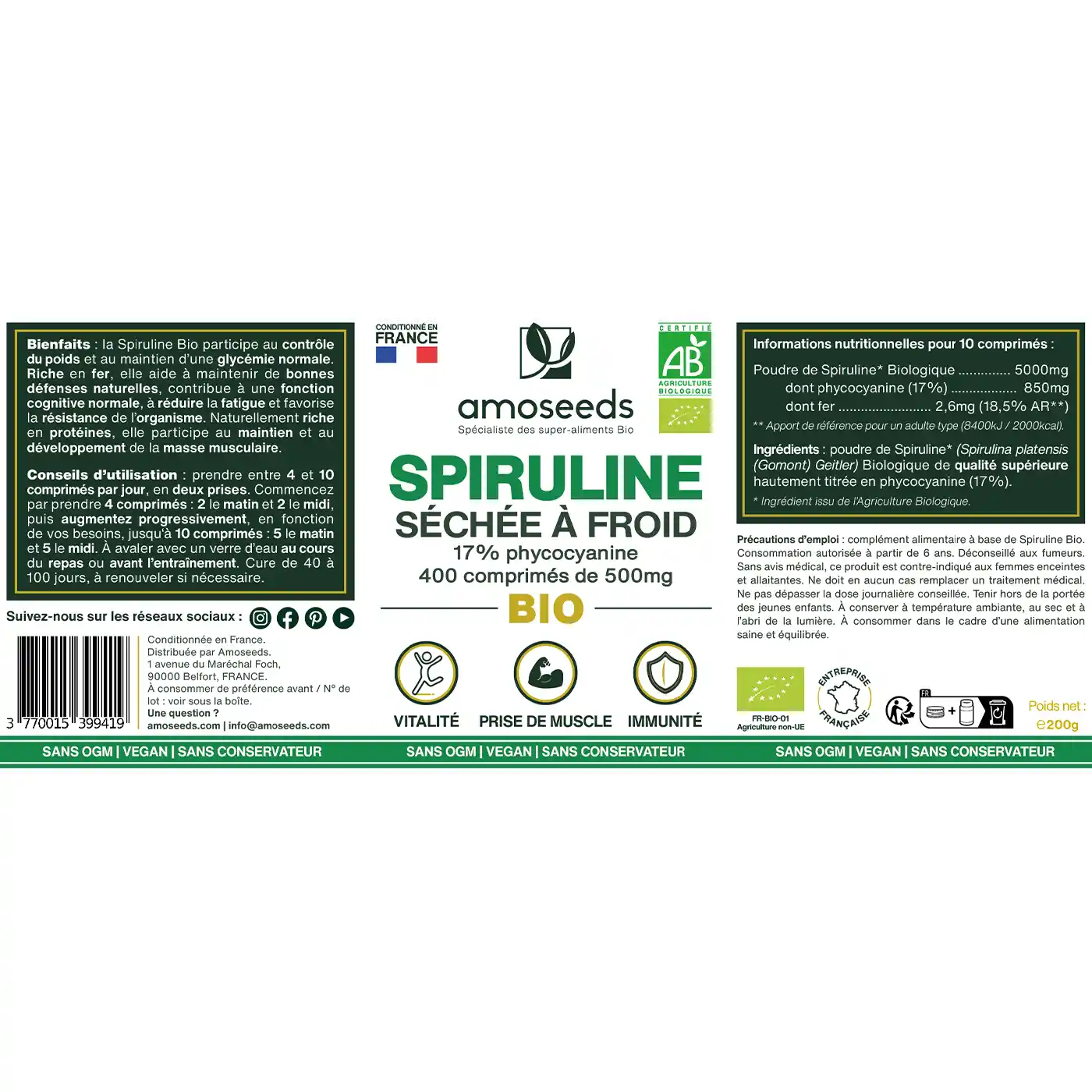 Spiruline Bio, 17% phycocyanine | 400 comprimés - Image 6